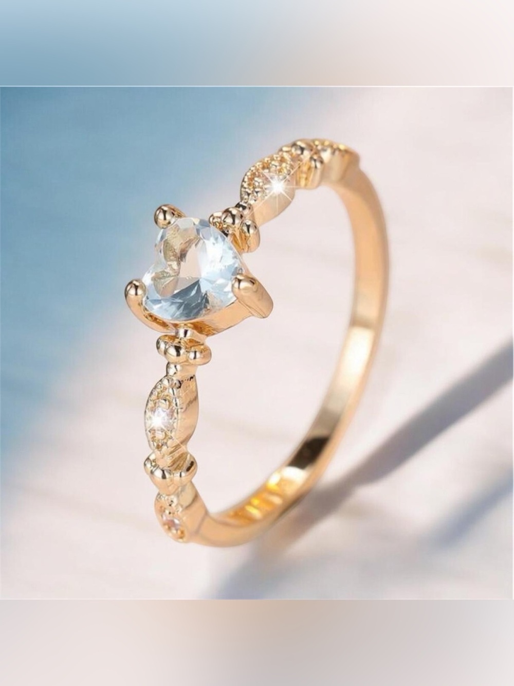 Gold Aquamarine Heart-Cut Crystal Ring